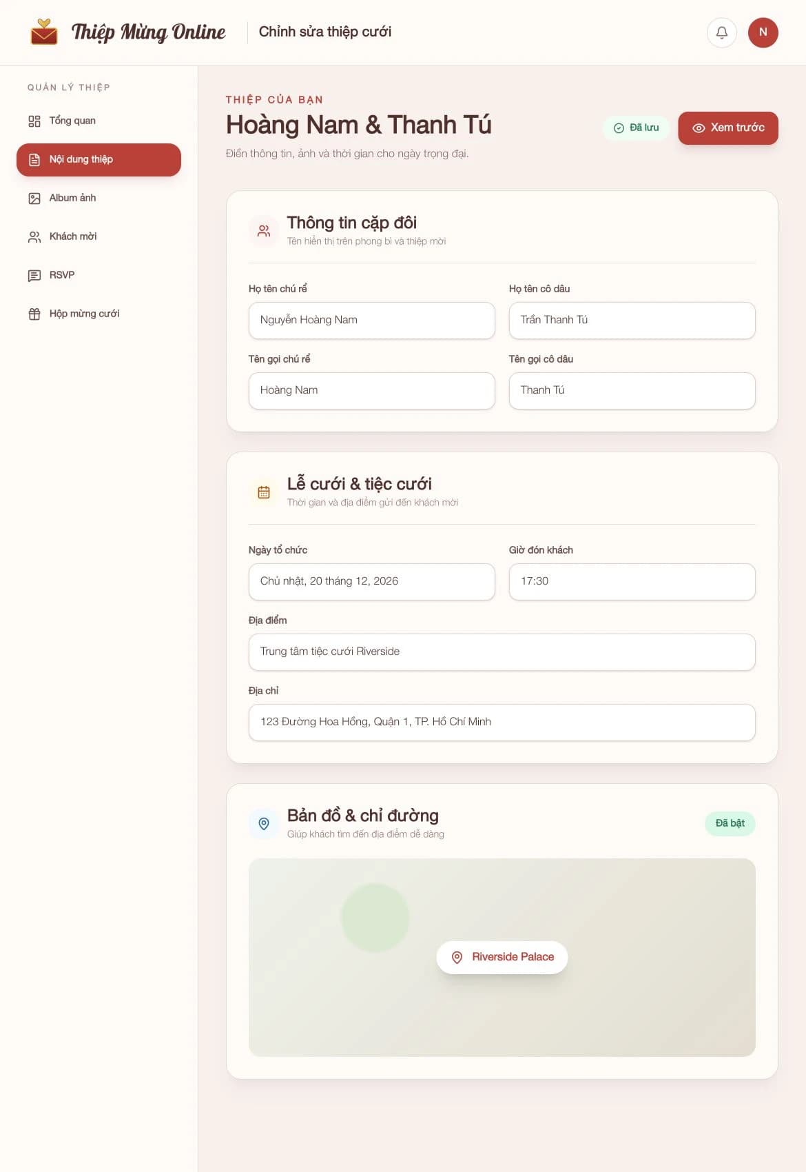 Giao diện chỉnh sửa thiệp cưới online