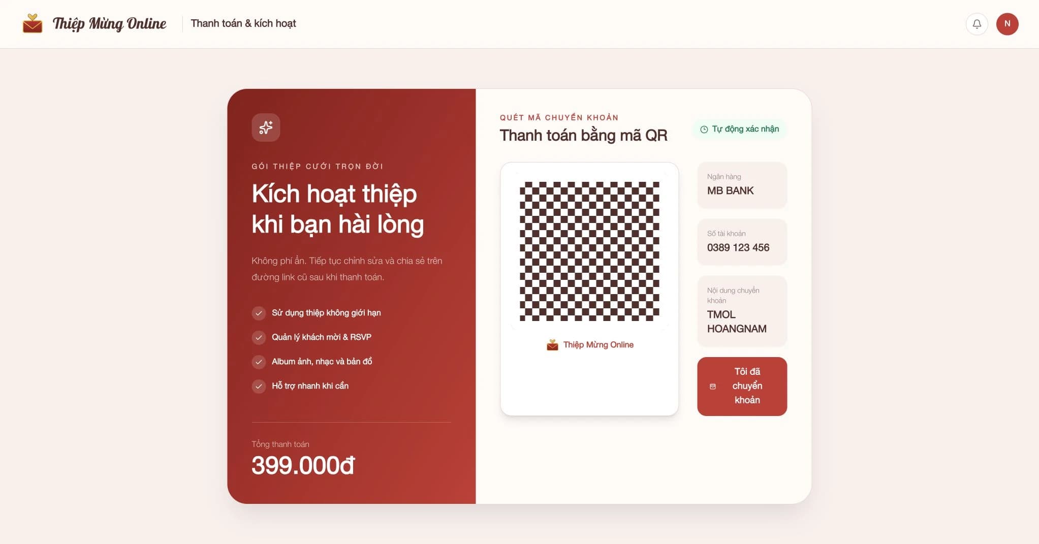 Pay for an online wedding invitation by bank transfer