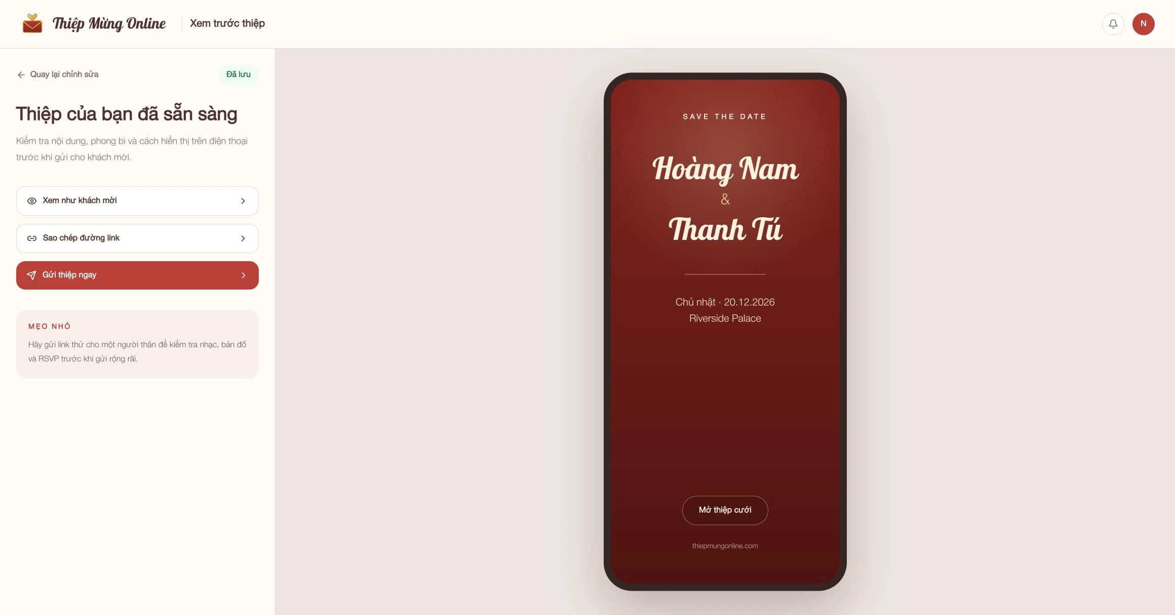 Preview and share an online wedding invitation